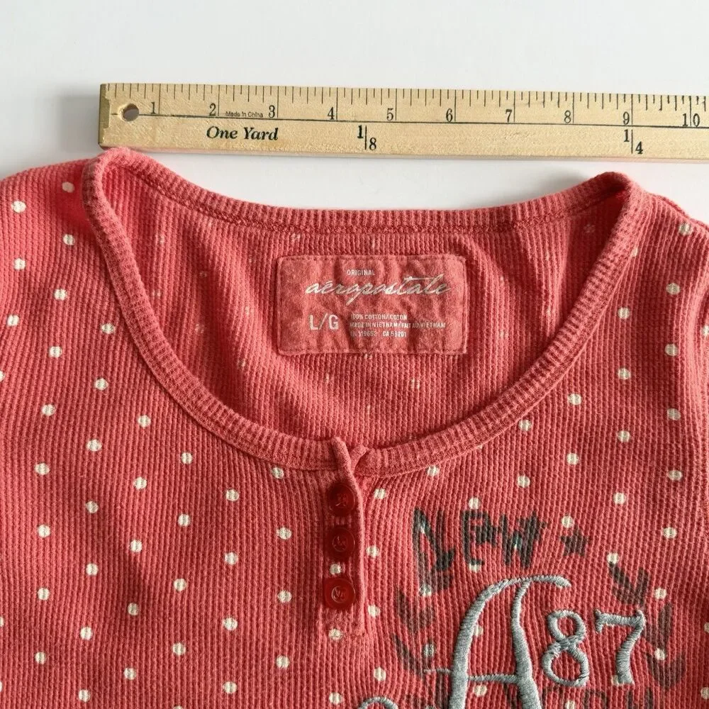Aeropostale Girls L Orange Polka Dot Henley Waffle Weave Crew Shirt Embroidered